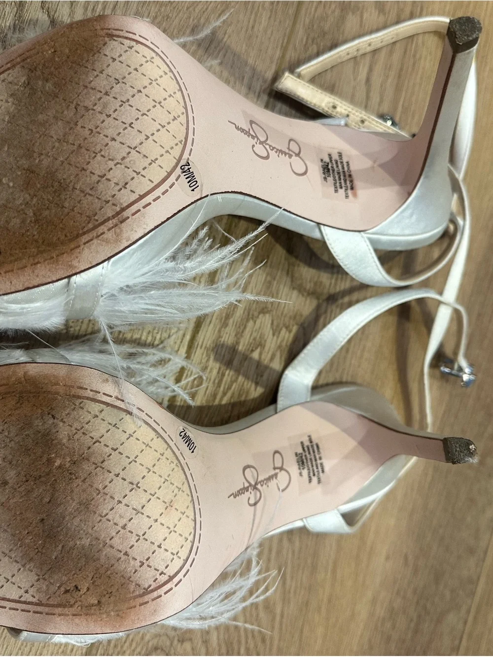 Jessica Simpson Ivory White Satin Feather Ankle Strap Stiletto Heels 10M